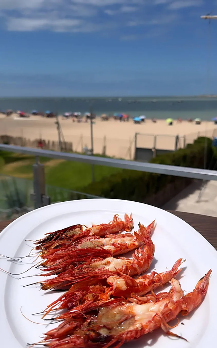 Gambas rojas a la plancha en la mesa, con la playa de Bajo de Guía al fondo a mediodía